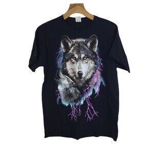 VTG Fruit Of The Loom Mens Retro Wolf Lighting Graphic Tee Shirt Black Large